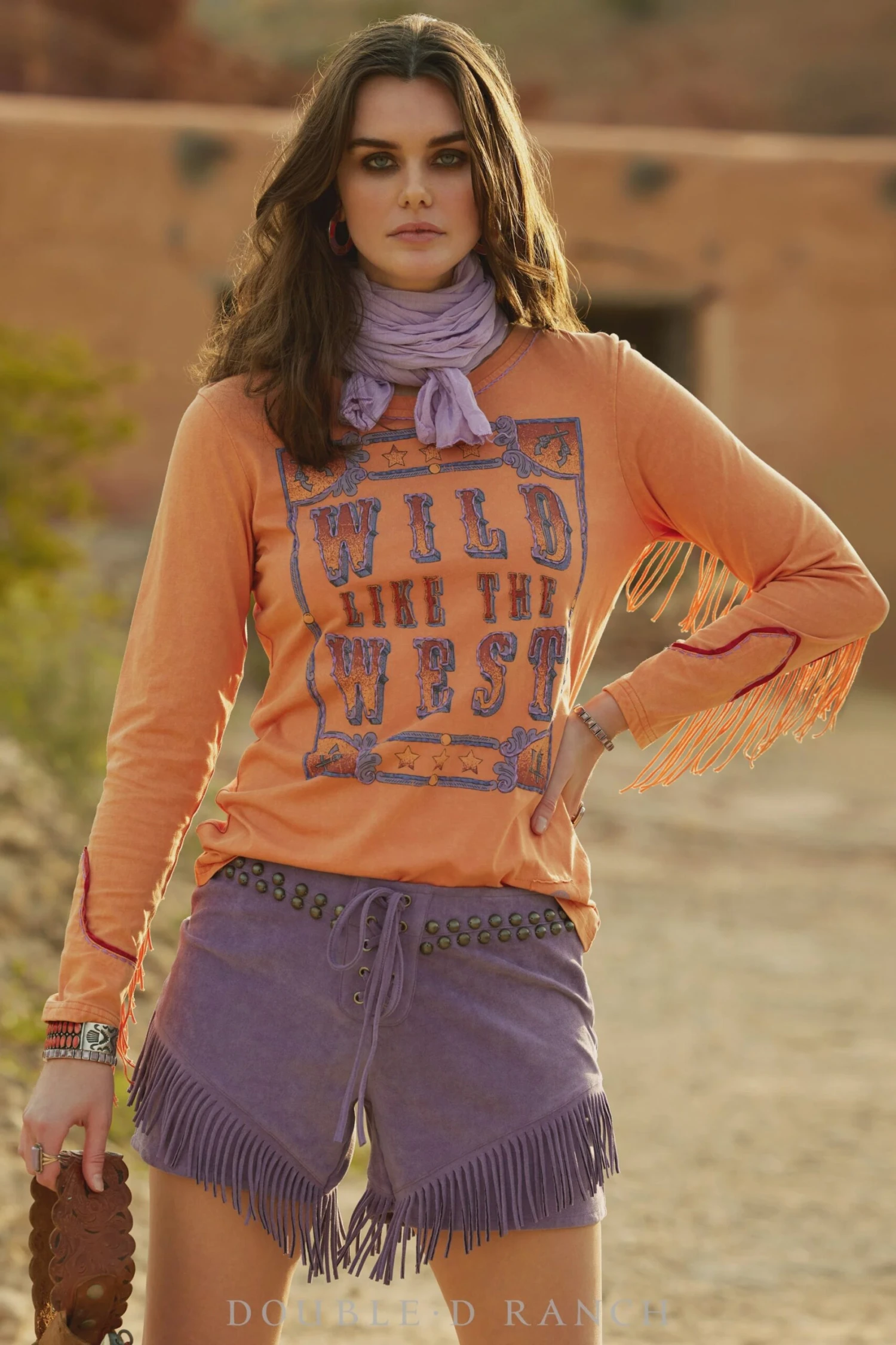 Double D Ranch Wild Like The West Women's Tee In Peach Of The Billy The Kid Collection