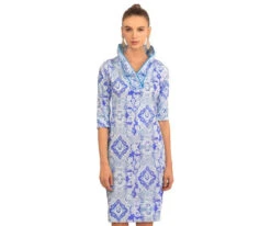 Gretchen Scott Ruffneck Dress Watteau In Blues JDRNWT