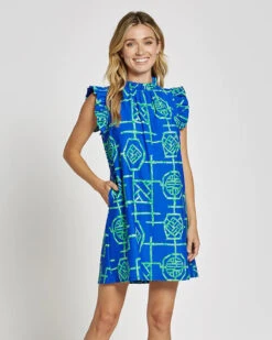 Jude Connally Shari Dress Bamboo Lattice Cobalt Grass SS23