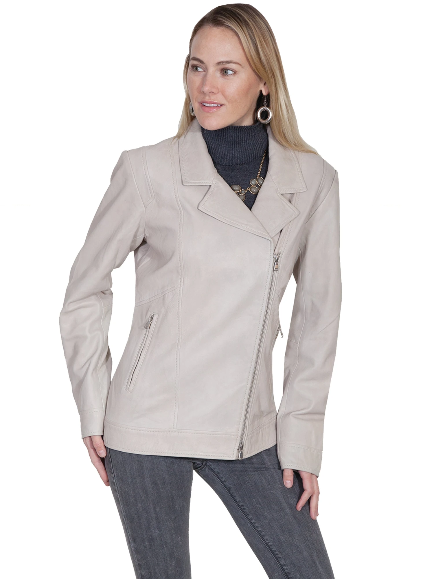 Scully Long Motorcycle Jacket In Cream Lamb L731 - Image 2
