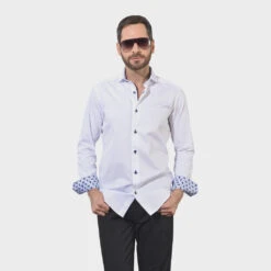 7 Downie Dress Shirt In Solid White With Navy Buttons Long Sleve