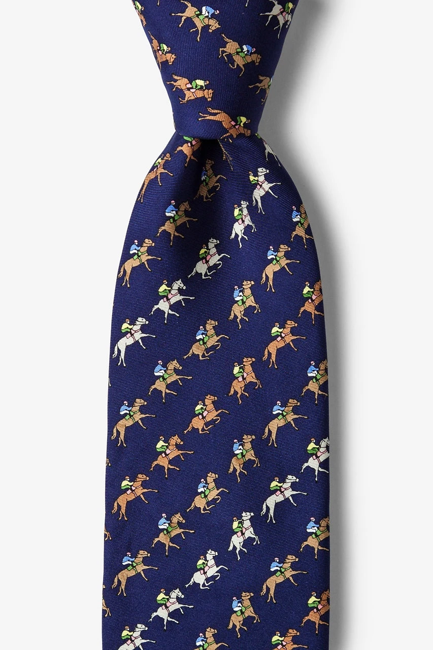 Alynn Men's Silk Tie Horse Racing Win Place Show In Navy